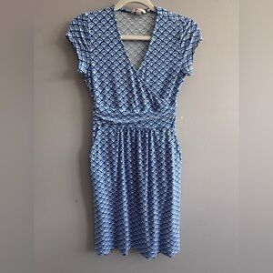 Boden Blue and White Printed Wrap Midi Dress with cap sleeves Sz 4P